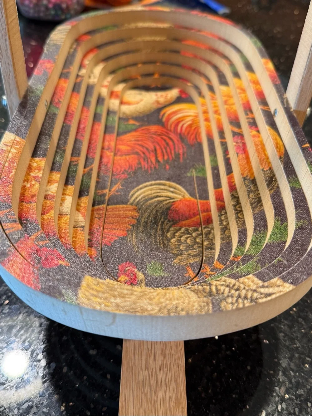 RMS Traditions Unique Handcrafter Folding Wood Basket Rooster Chicken Country